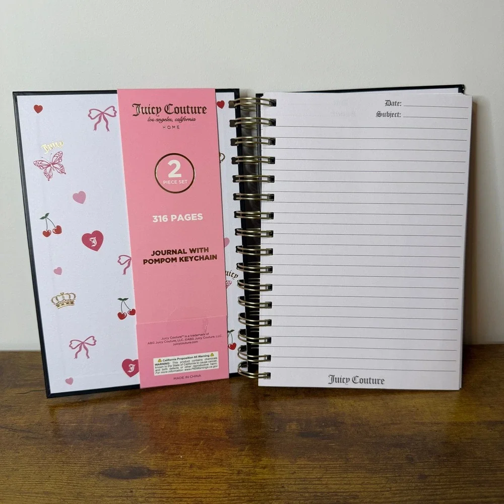 New Juicy Couture Spiral Notebook Journal Black Cherry Pom Charm Stationery Pink